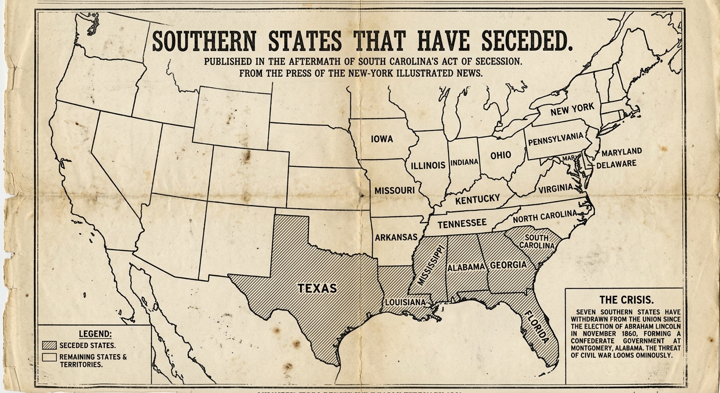 Black-and-white 1860–1861 newspaper map of the United States shading the first Southern states that seceded, with a legend and caption about the 1860 election.