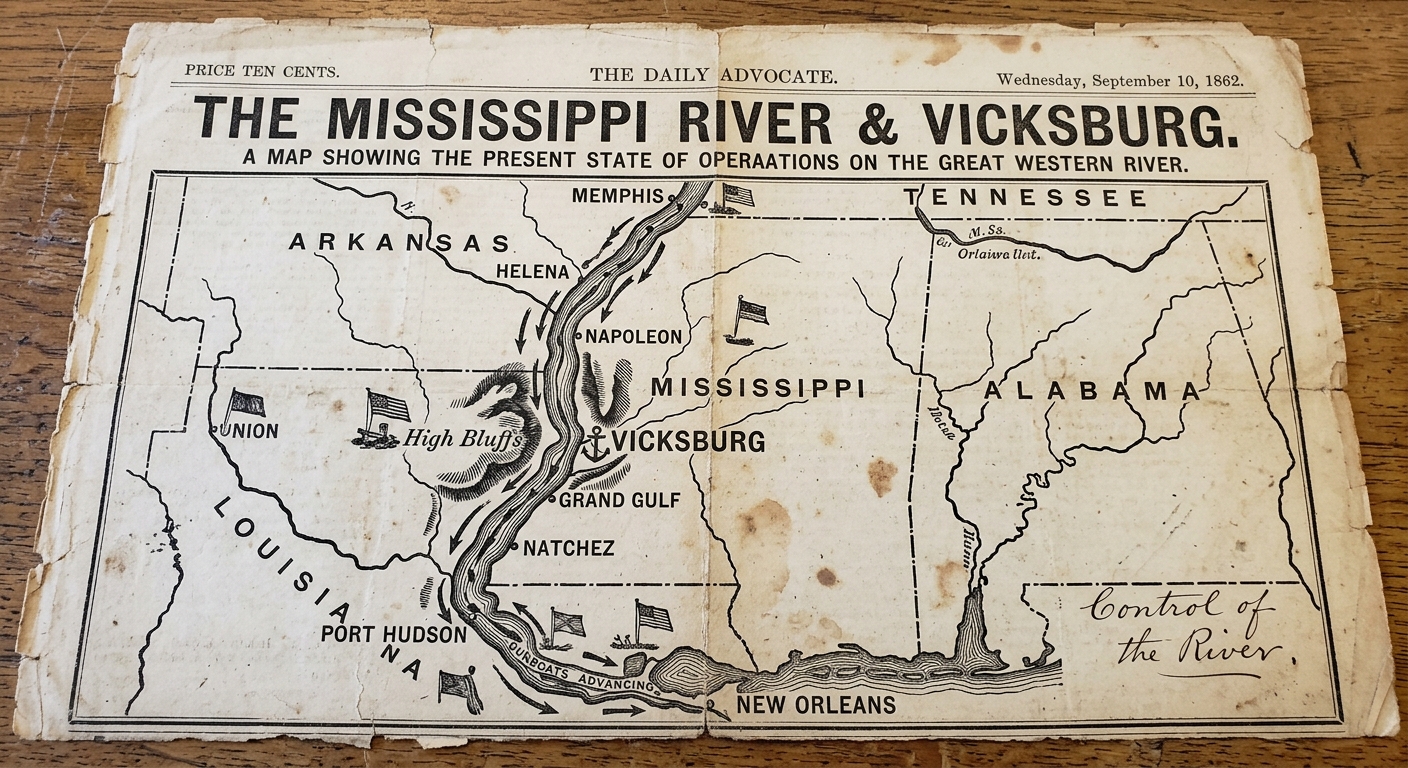 Black-and-white 1862 newspaper map of the Mississippi River highlighting Vicksburg’s bluffs and nearby towns, with arrows showing river movement.