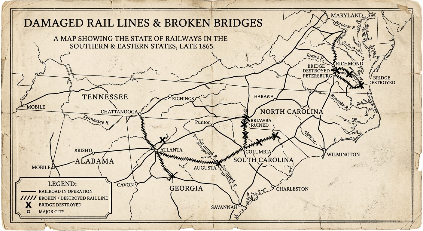 Black-and-white 1865 map showing damaged rail lines and destroyed bridges across parts of the South, with a legend.