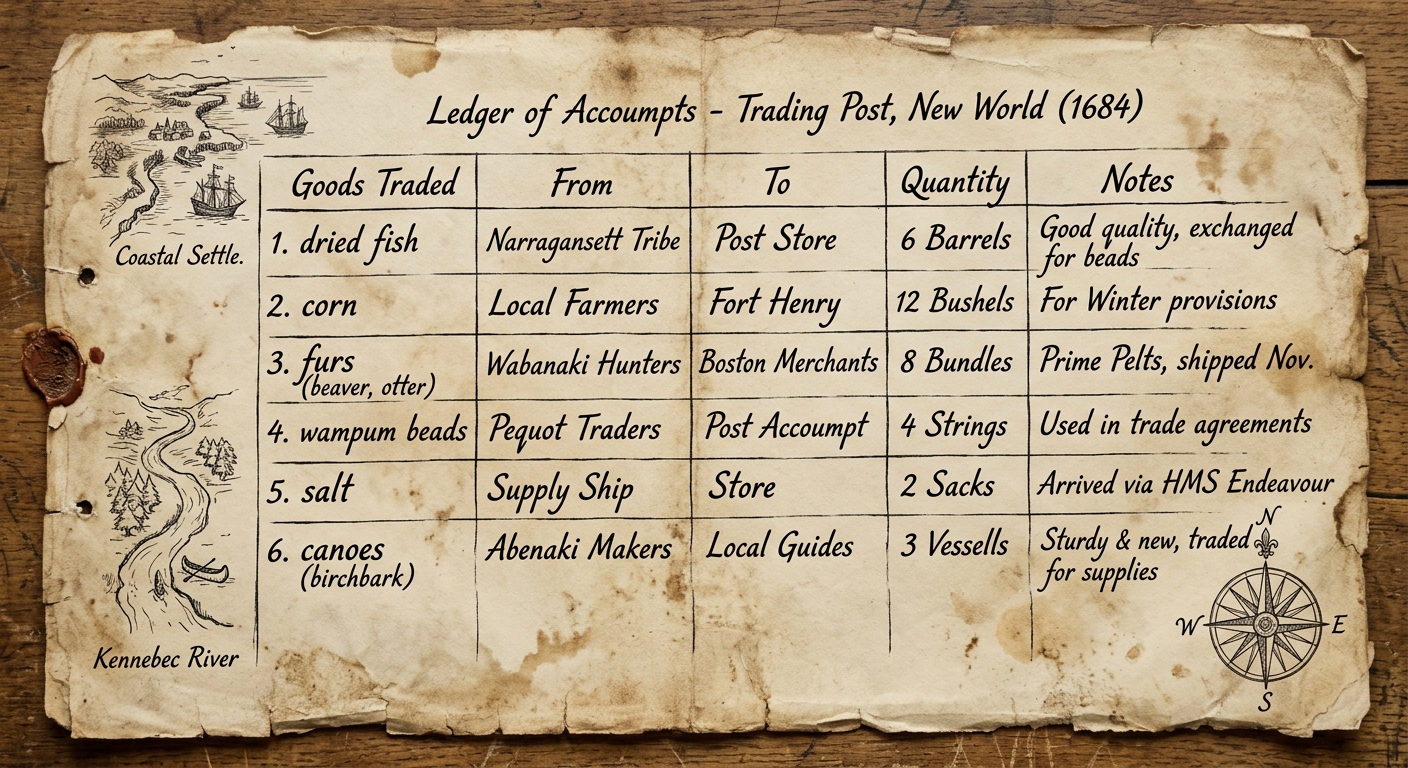 null A worn trading-post ledger page listing goods like fish, corn, furs, and wampum in a trade table, with small margin sketches of a coast and river.