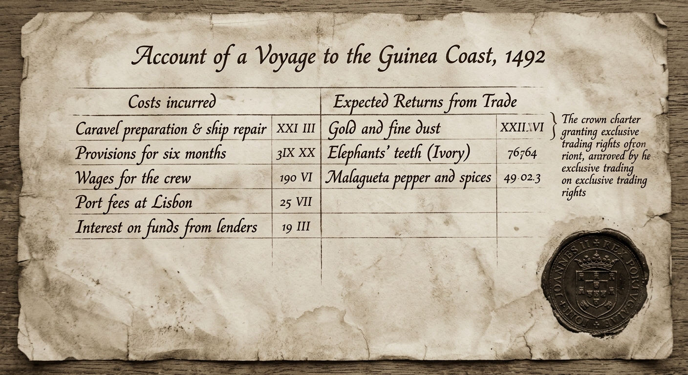 Sepia-toned parchment document labeled as a 1492 voyage account, showing handwritten costs and expected returns, a crown charter note granting exclusive trading rights, and a royal seal impression.