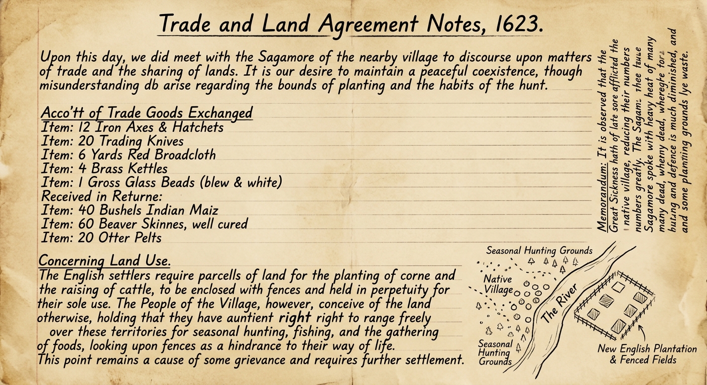 Sepia-toned handwritten 1623 document listing traded goods between settlers and a Native community, notes about land use disagreements, a marginal note about disease, and a small sketch map of a river, village, and fenced fields.