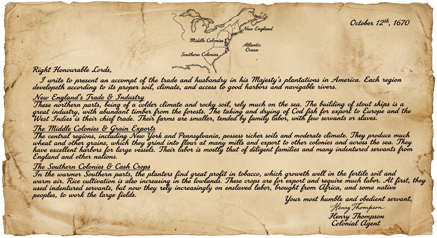 Sepia-toned handwritten 1670 letter describing New England trade and shipbuilding, Middle Colonies grain exports, and Southern cash crops with notes on climate, waterways, and labor sources, plus a small sketch map labeling the three colonial regions.