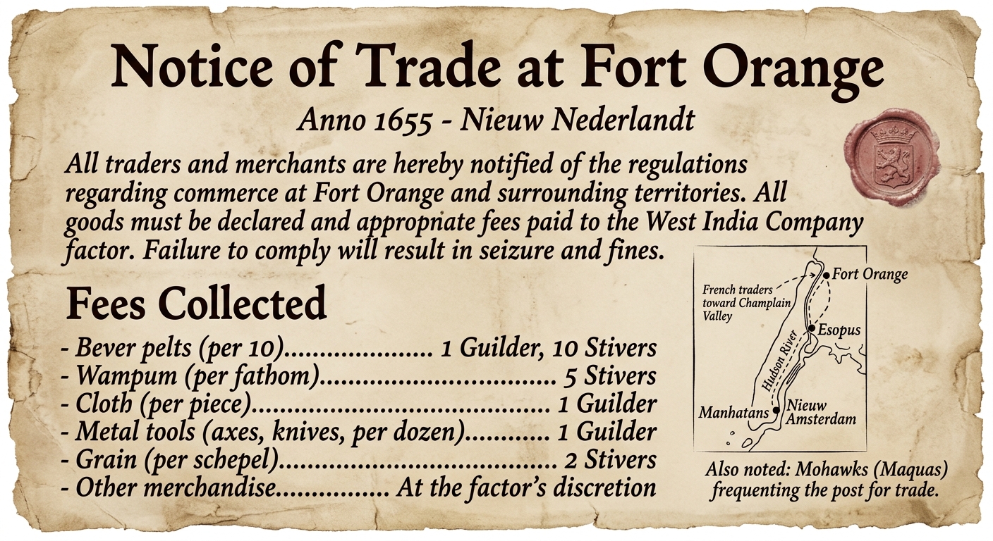 Sepia-toned 1655 Dutch trade notice listing goods and fees at Fort Orange with an inset map labeling the Hudson River, Fort Orange, New Amsterdam, and a note about French traders toward the Champlain Valley.