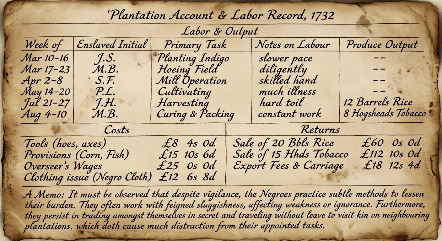 Sepia-toned handwritten 1732 plantation account showing a labor record for enslaved workers, a ledger of costs and crop returns, and a brief note about an enslaved person’s strategy to survive or resist.