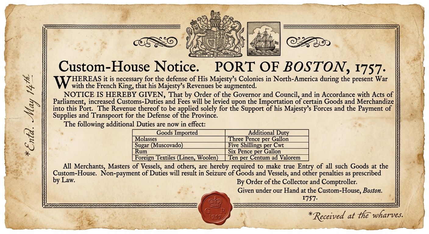 Sepia facsimile of a 1757 Custom-House notice from the Port of Boston listing import duties and fees to fund colonial defense during a war.