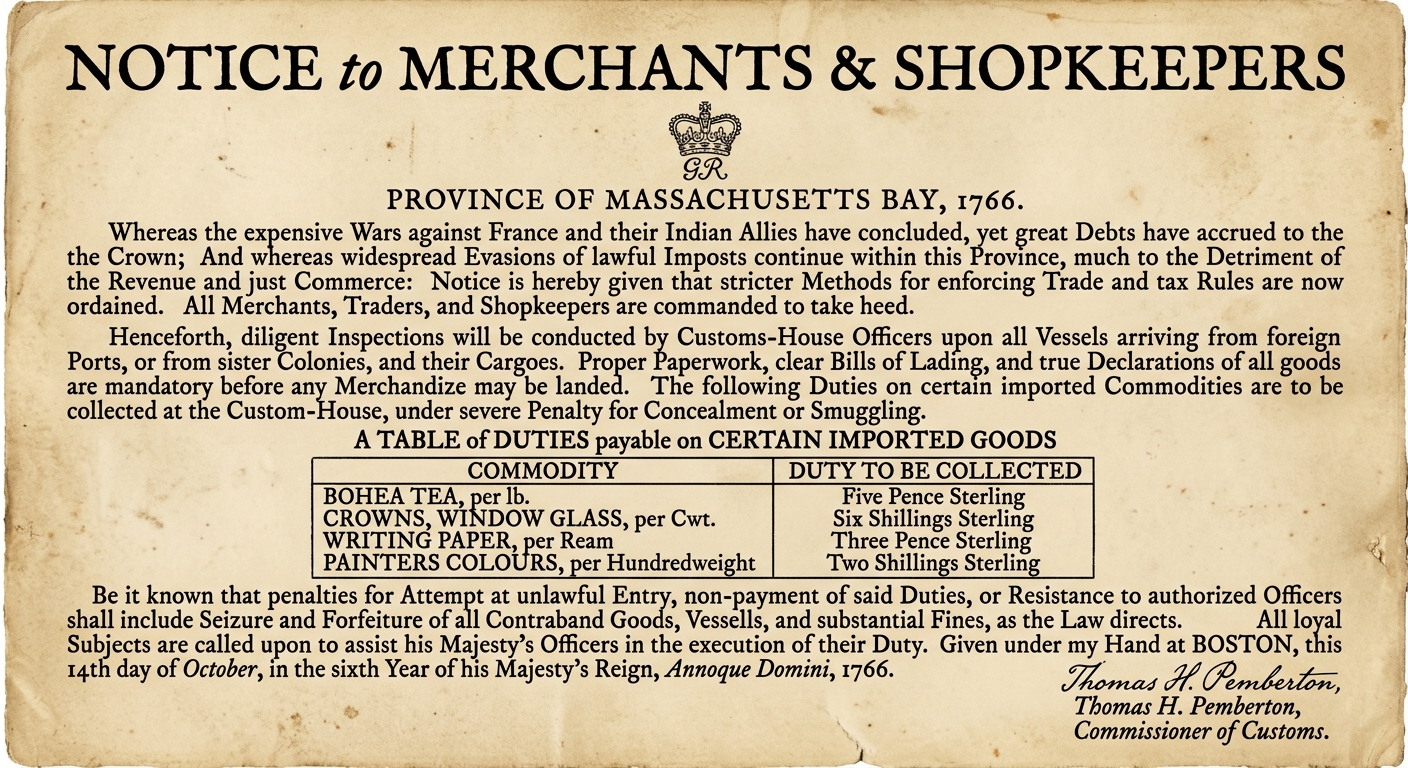 Sepia facsimile of a 1766 British colonial notice to merchants announcing stricter customs enforcement and import duties in Massachusetts Bay.