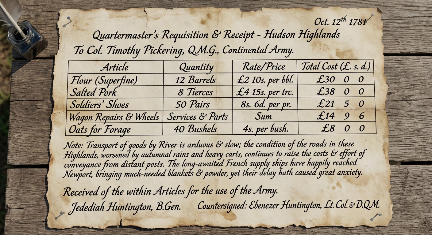 Sepia facsimile of a 1781 Continental Army quartermaster requisition listing supplies, quantities, prices, and transport notes.