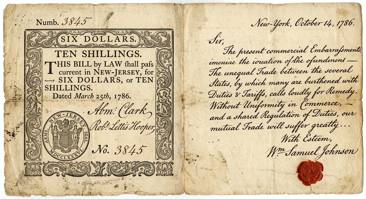 A parchment-style image showing an 1780s state paper money note and a handwritten 1786 letter mentioning duties and tariffs between states.