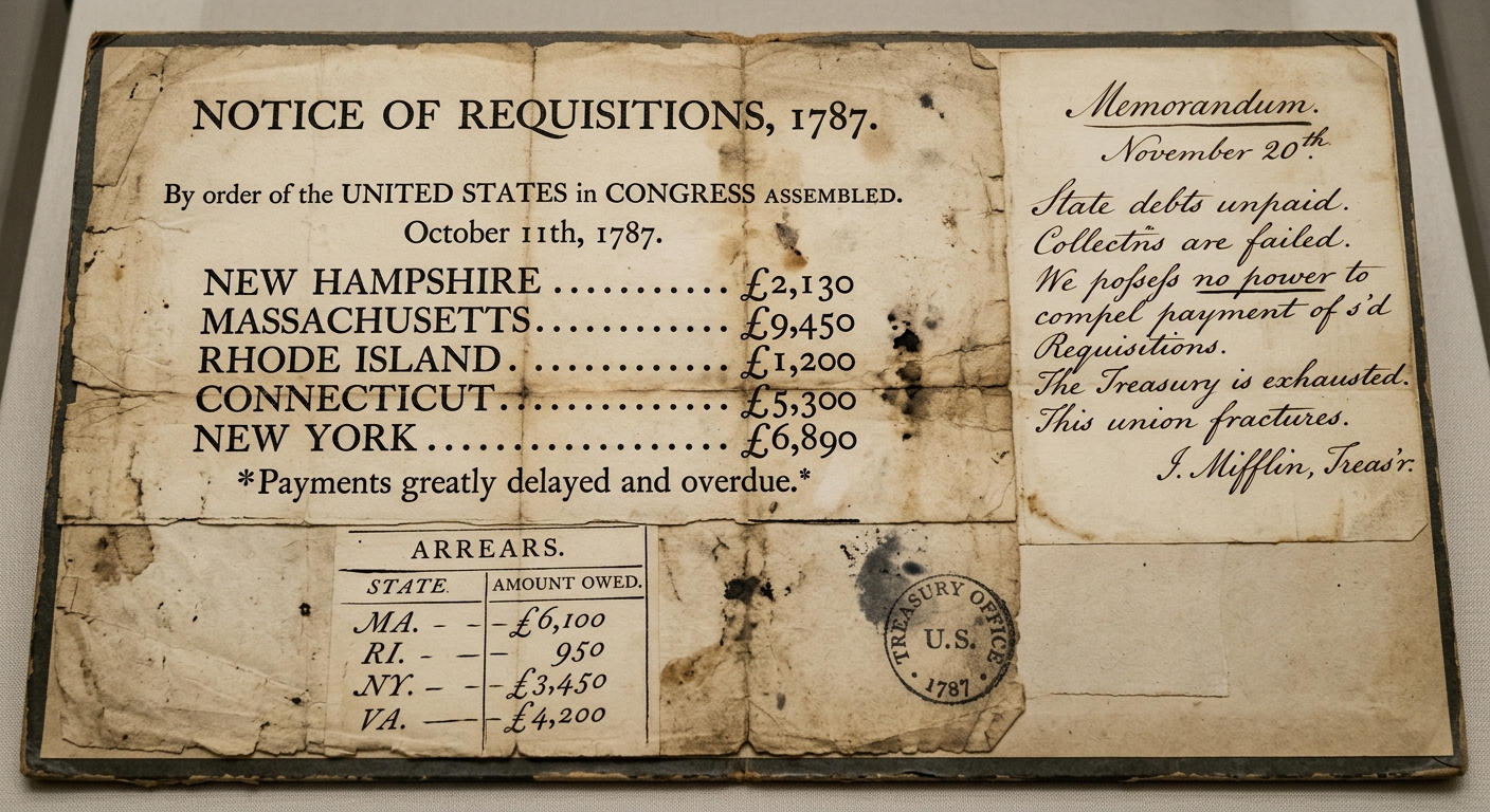 An aged-paper document set showing a 1787 notice about state requisitions, a note about unpaid debts, and a small arrears table.