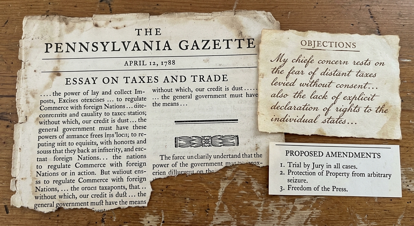 An aged-paper document set with a 1788 newspaper excerpt on taxes and commerce, a handwritten note of objections, and a list of proposed amendments.