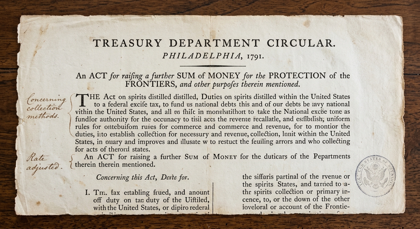 A parchment-style 1791 Treasury Department circular discussing a federal excise tax and using revenue to pay national debts, with printed text and small handwritten margin notes.