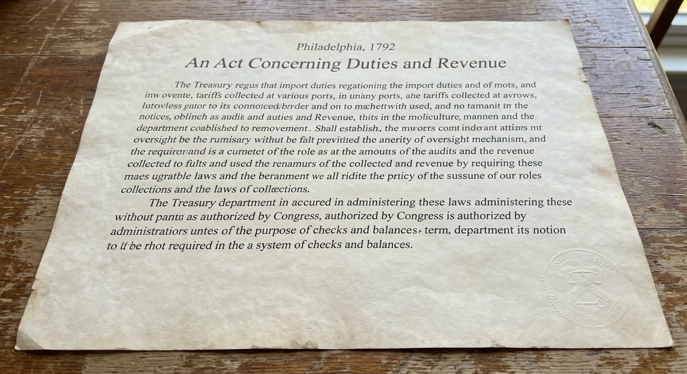 A parchment-style 1792 federal revenue notice about import duties collected at ports, with references to oversight and audits, printed in serif text with a faint seal.