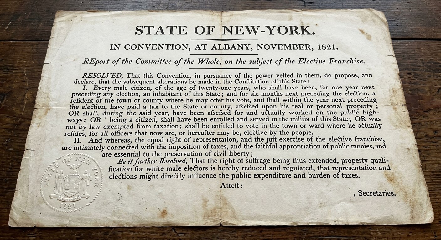 An aged 1821 New York State printed notice about changes to voting rules and elections, with a state seal and references to how elections influence taxes and public spending.