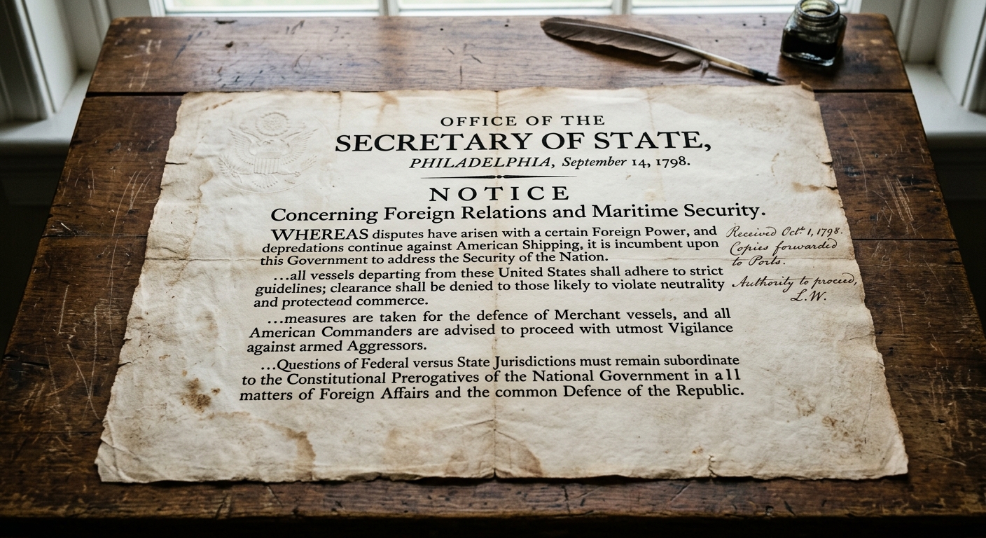An aged 1798 U.S. State Department-style notice about a foreign trade dispute and restrictions on commerce, with a faint seal and small handwritten margin notes.