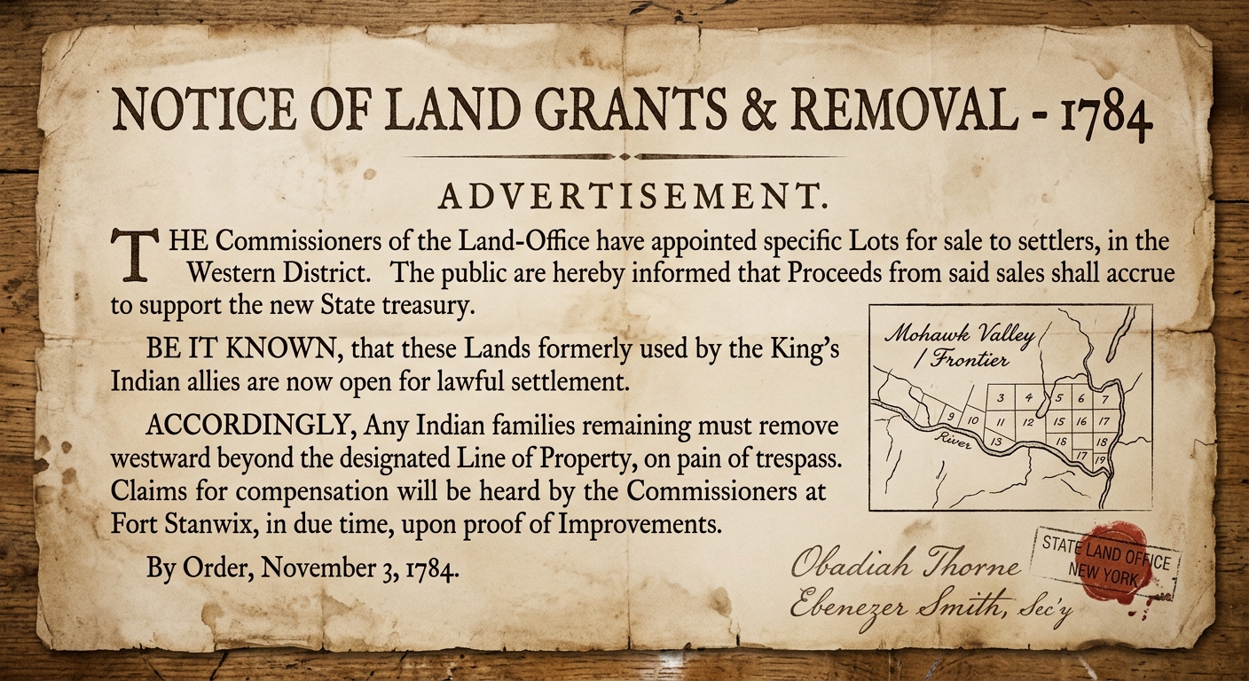 Sepia-toned reproduction of an 1784 broadside titled “Notice of Land Grants & Removal,” describing land lots for sale, proceeds for the state treasury, and requiring “King’s Indian allies” to remove westward; includes a small Mohawk Valley map sketch and signatures.
