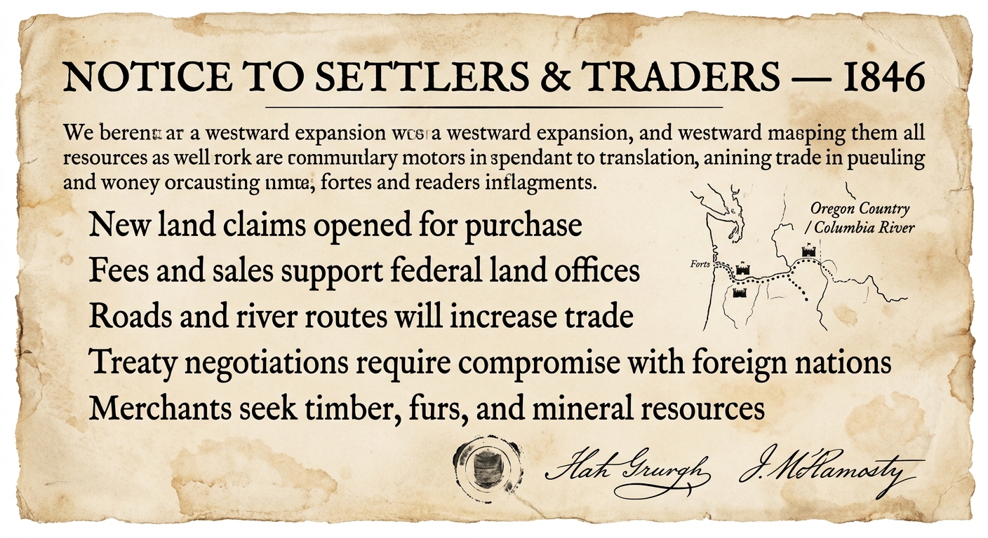 Sepia-toned reproduction of an 1846 broadside titled “Notice to Settlers & Traders,” announcing new land claims for purchase, fees supporting federal land offices, increased trade routes, and treaty negotiations requiring compromise with foreign nations; includes a small Oregon Country map sketch and signatures.