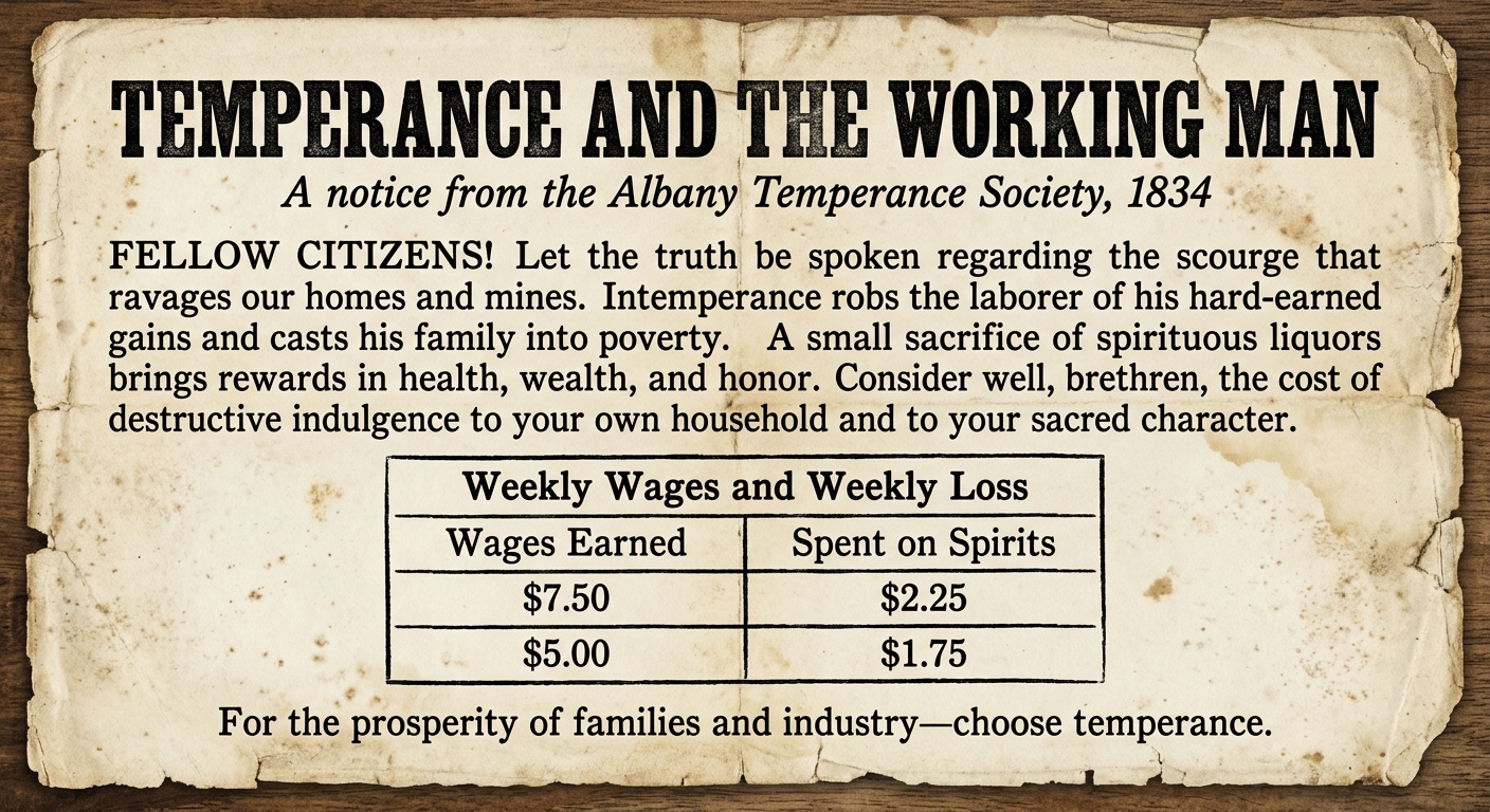 null Scanned-looking 1834 temperance broadside titled “Temperance and the Working Man,” with a short paragraph and a small table comparing weekly wages to money spent on spirits.