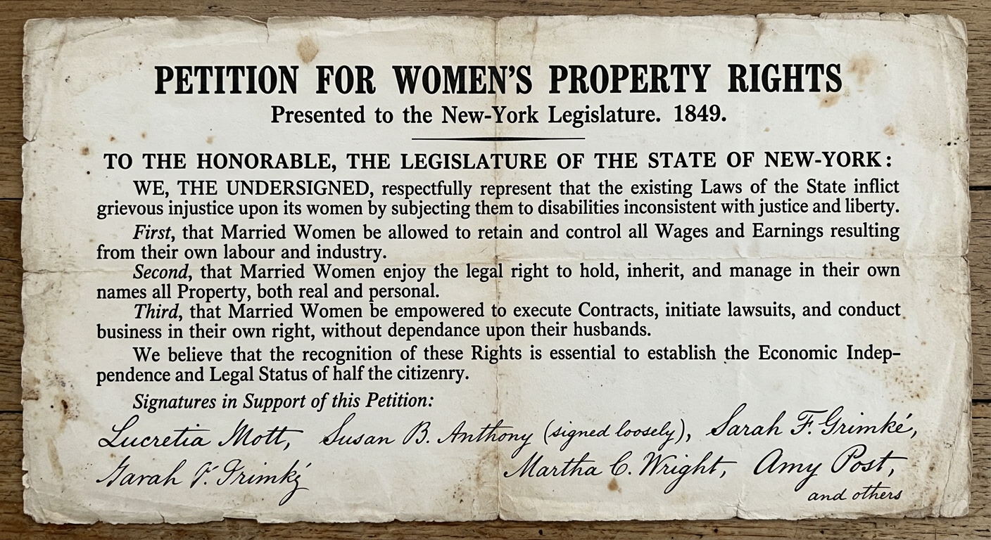 null Scanned-looking 1849 petition titled “Petition for Women’s Property Rights,” arguing that married women should keep wages and own property, with signatures at the bottom.