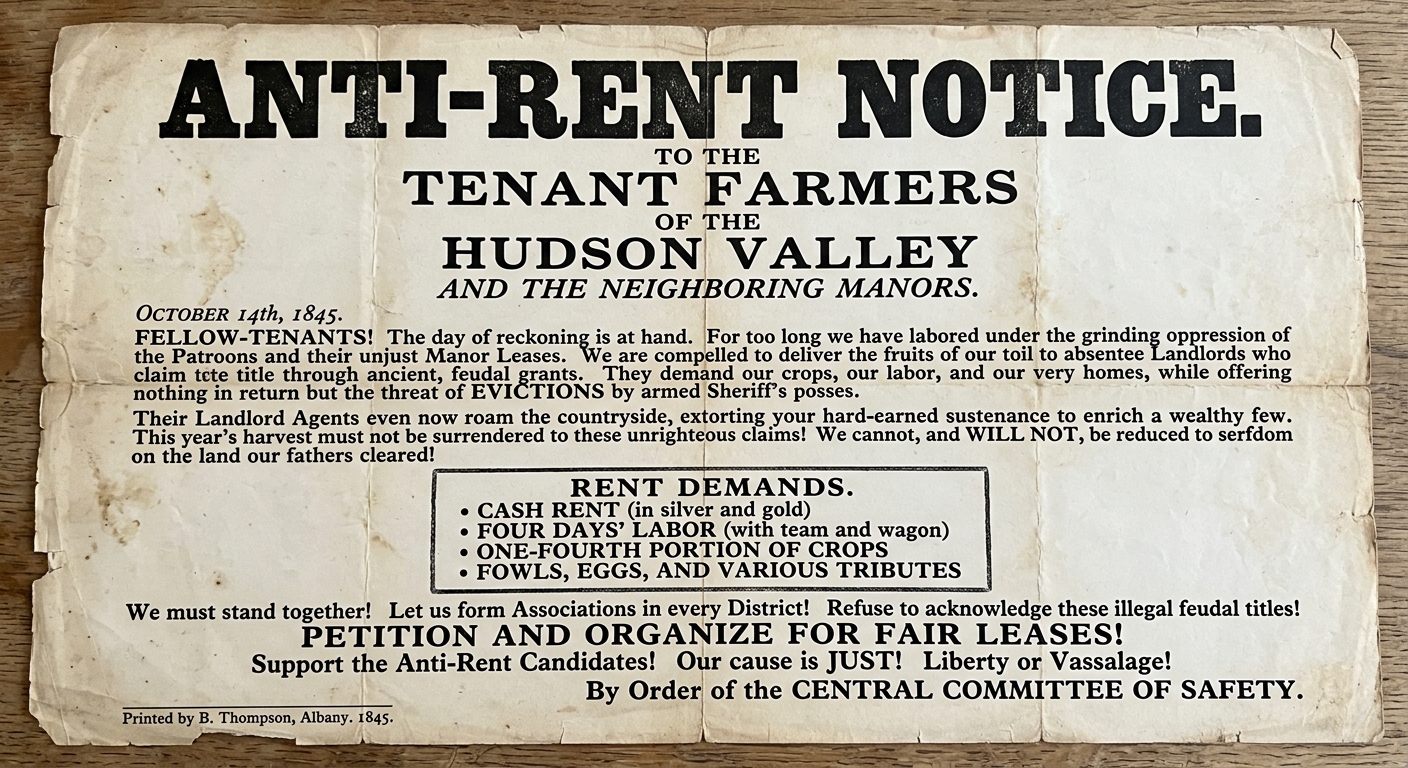 null Scanned-looking 1845 Anti-Rent Movement broadside titled “Anti-Rent Notice,” describing rent demands on tenant farmers and calling for organization and fair leases.