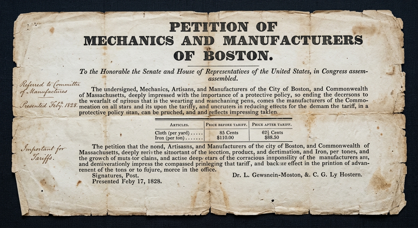 A faded 1820s petition broadside about tariffs, with printed text, handwritten notes, and a small price table for cloth and iron.