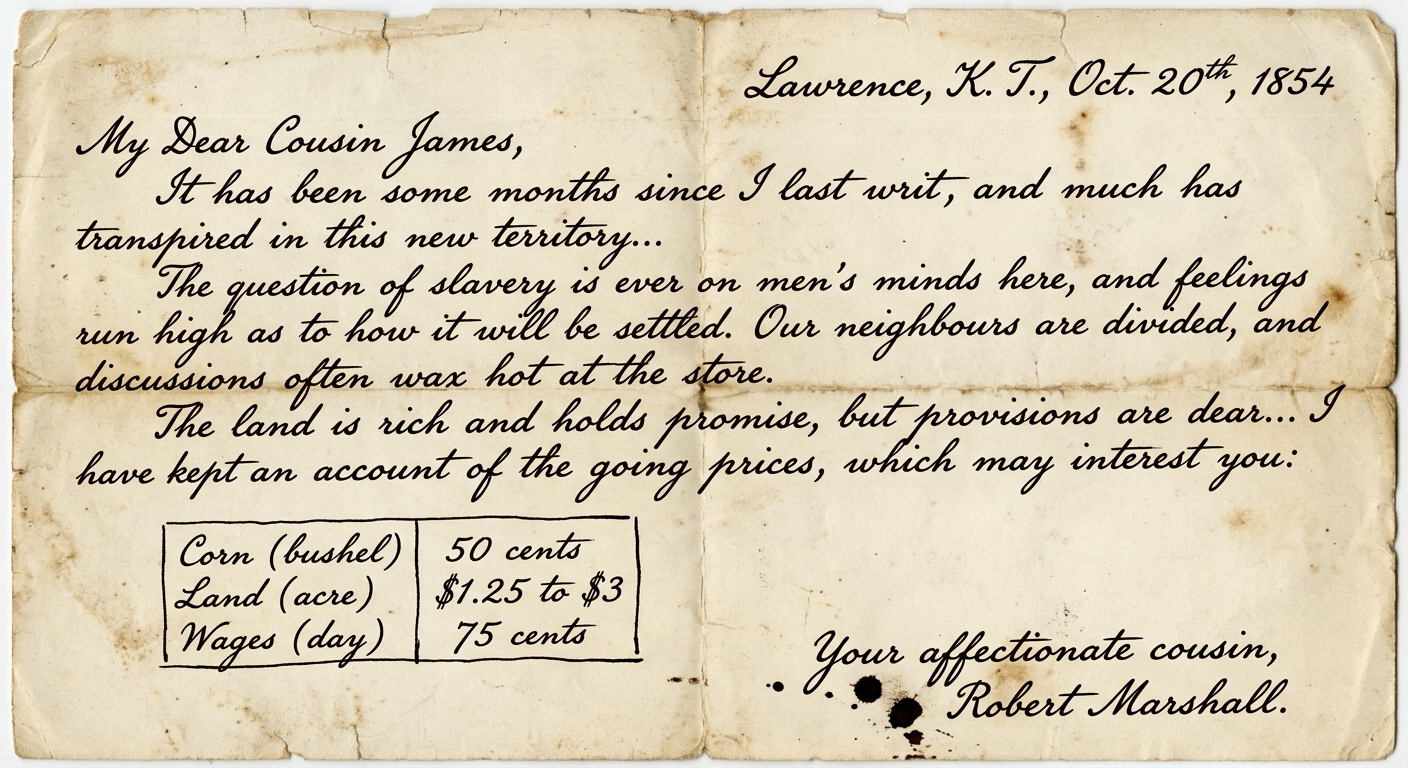 A handwritten 1854 letter from Kansas Territory discussing the slavery debate and including a small table of local prices and wages.