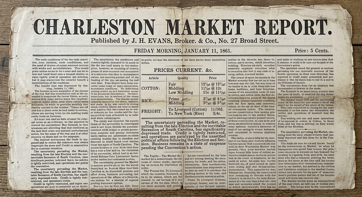 An early 1861 market report broadside listing cotton and rice prices and noting that the election and secession are affecting trade and credit.