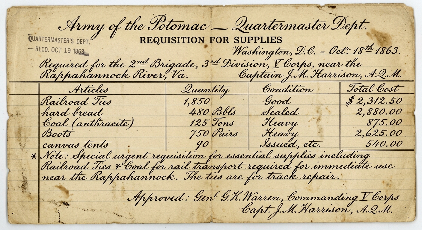 An 1863 quartermaster requisition ledger showing war supplies, costs, and a note about rail transport near a river.