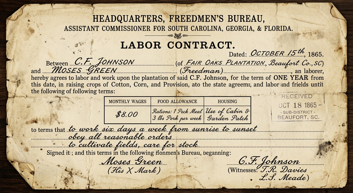 An 1865 Freedmen's Bureau labor contract form listing wages and rations, with handwritten entries.