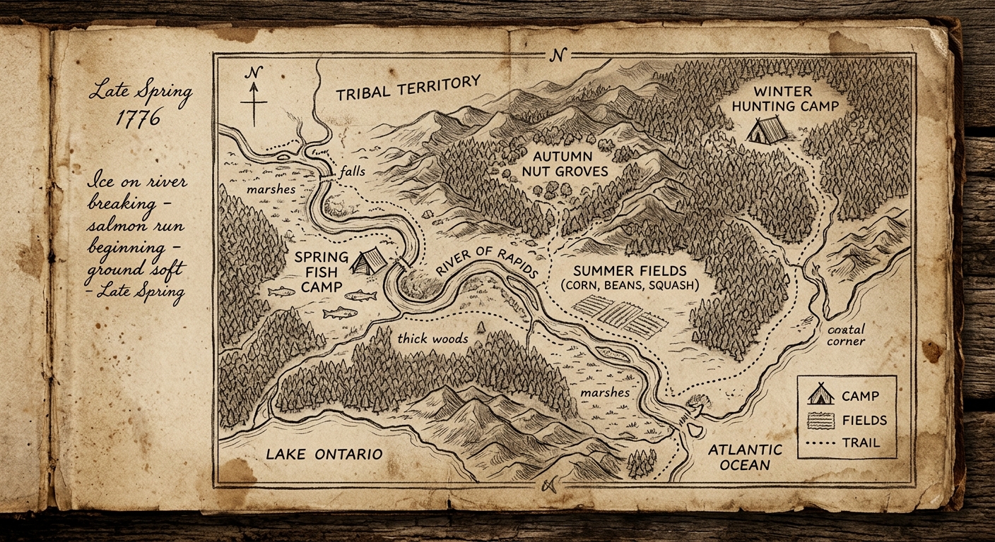 Sepia-toned scanned document showing a hand-drawn map with labeled seasonal camps, fields, and trails, plus handwritten notes about fish runs and winter hunting.