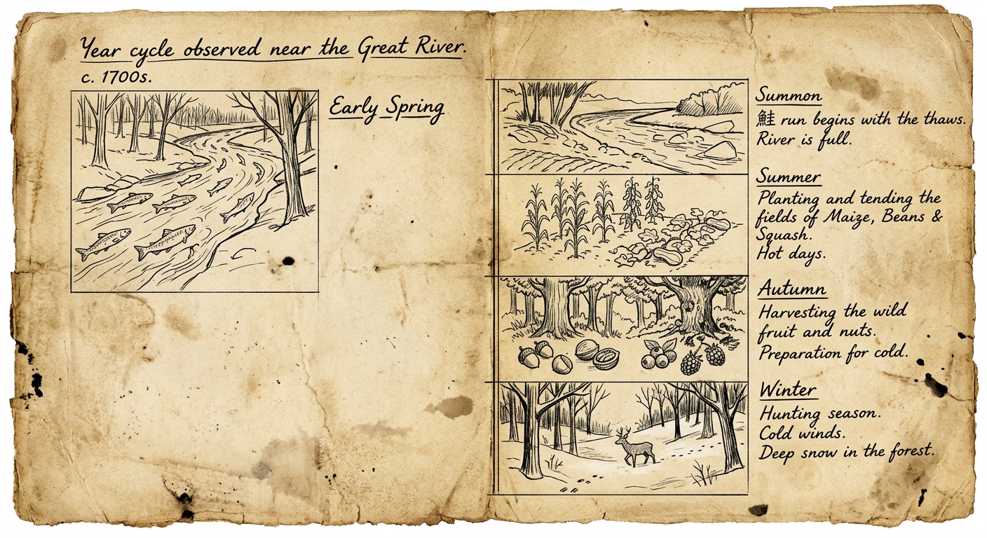 Sepia-toned scanned document showing a hand-drawn seasonal timeline with notes about spring fishing, summer planting, autumn harvest, and winter hunting.
