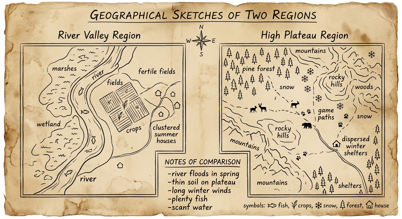 Sepia-toned document with two inset maps comparing a river valley region and a high plateau region, with notes about resources and seasonal conditions.