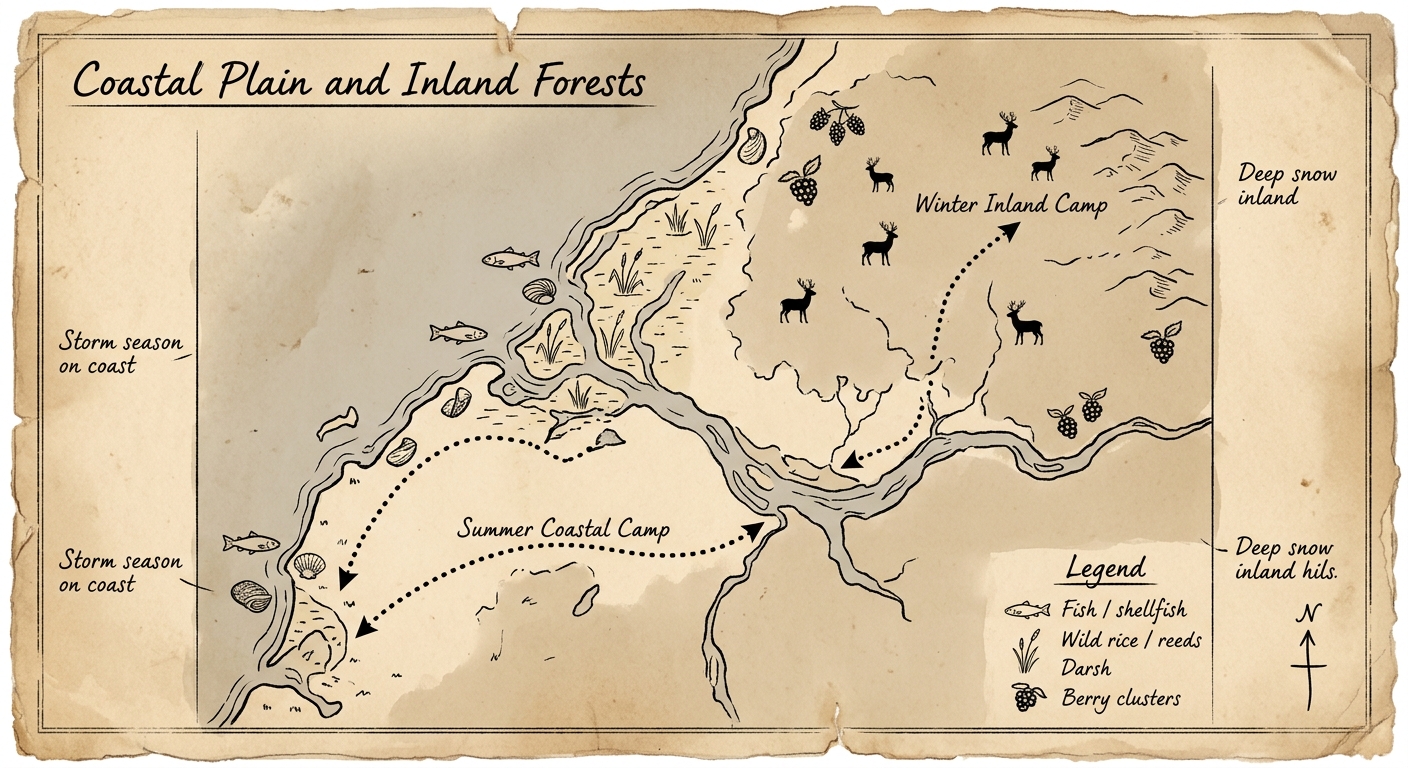 Sepia-toned scanned map showing a coastline and inland forests with labeled summer and winter camps, resource symbols, and dotted seasonal travel routes.