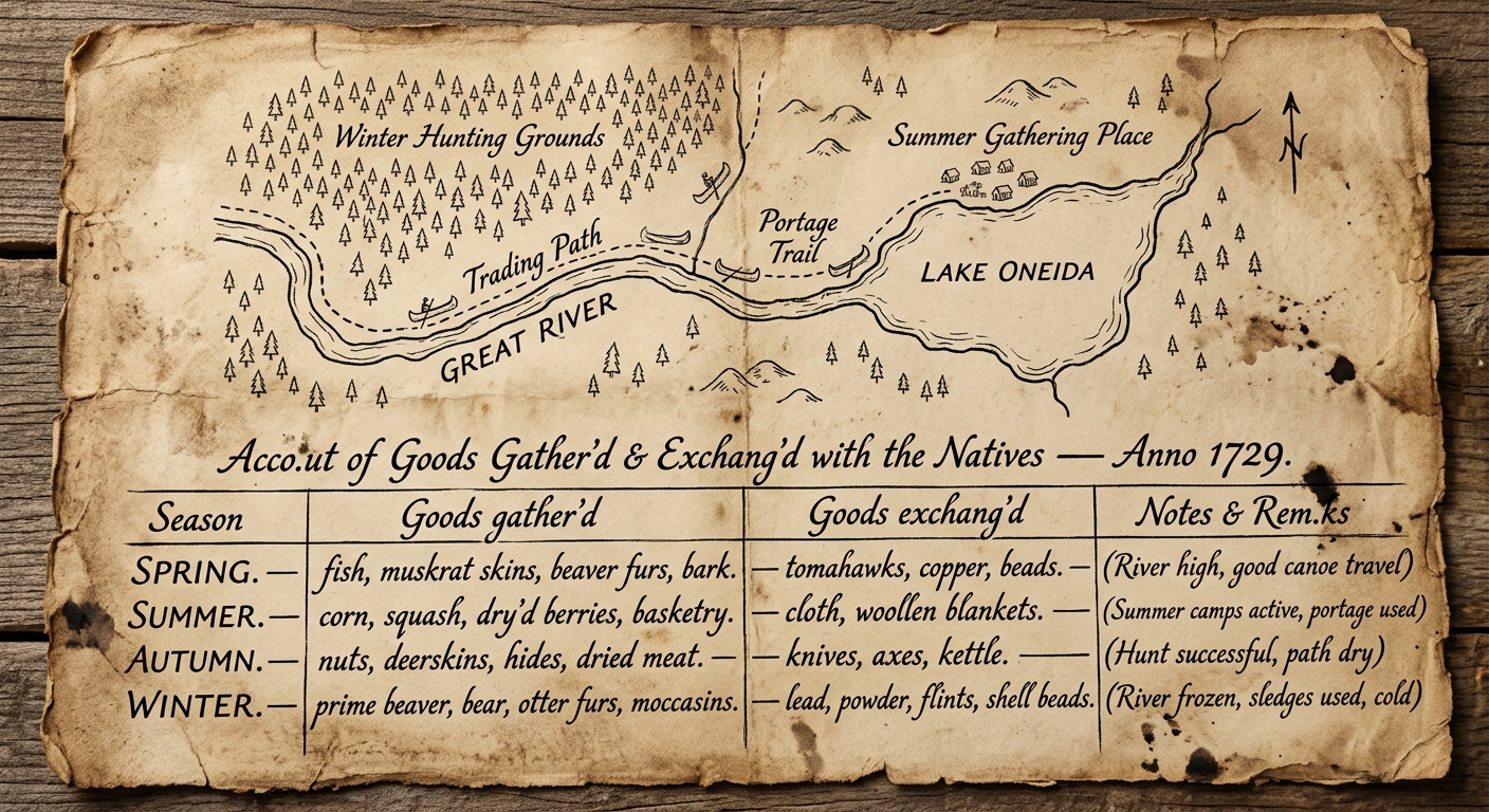 Sepia-toned document with a small route map and a seasonal trading ledger listing goods gathered and exchanged in different seasons.
