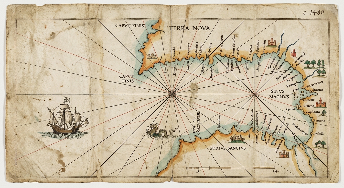 A parchment-style navigation chart with a compass rose, crisscrossing direction lines, a drawn coastline and islands, and a small sailing ship.