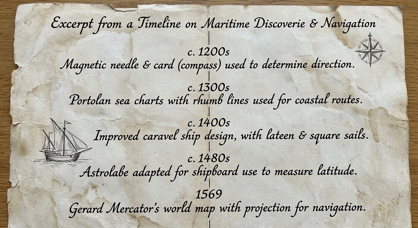 A aged-paper timeline listing several navigation and shipbuilding developments with approximate dates, with small sketches of a compass rose and a sailing ship.