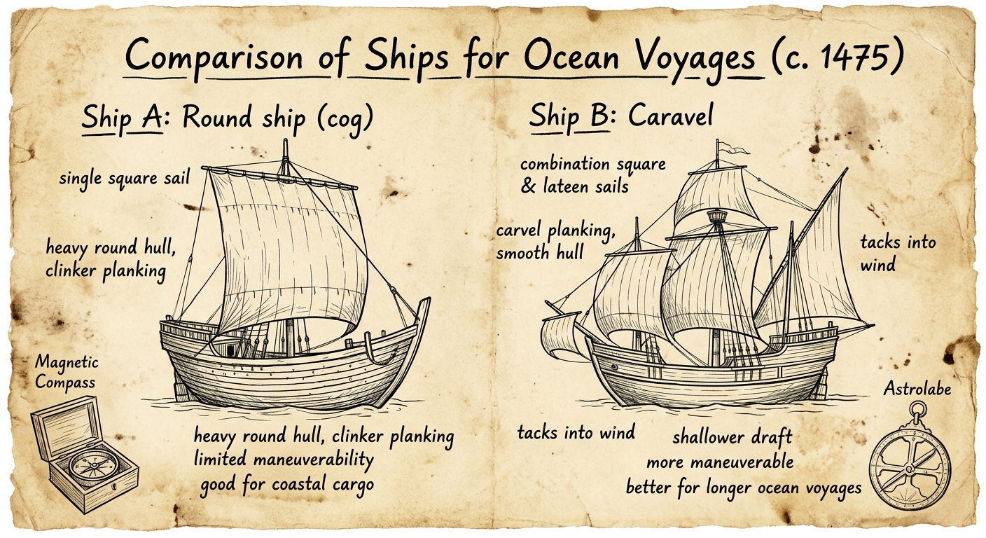 A parchment-style shipwright document comparing a round ship and a caravel with notes about sails and handling, plus small sketches of a compass and astrolabe.