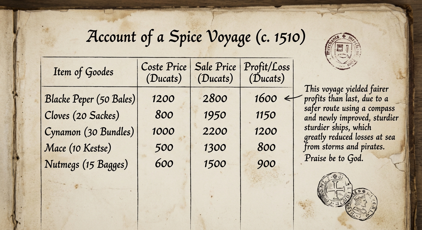 An aged-paper merchant ledger showing costs and profits for goods like pepper and cloves, with a margin note about safer routes using navigation tools.