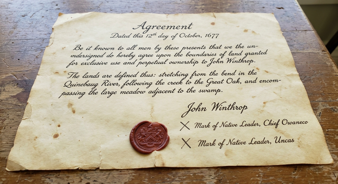 Aged parchment land agreement dated 1677 with handwritten boundary descriptions, a wax seal, and signatures including X marks.