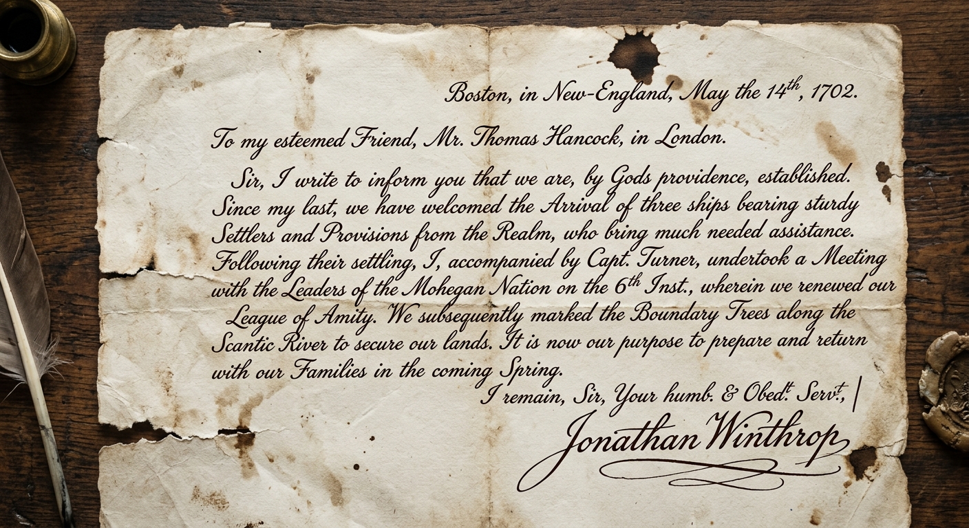 Handwritten colonial letter dated May 14, 1702 describing a sequence of events about a meeting and marking land boundaries.