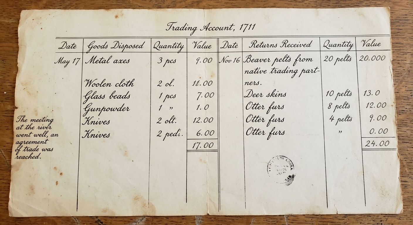 Handwritten trading account dated 1711 listing exchanged goods like cloth and tools for furs, with a margin note about a meeting.