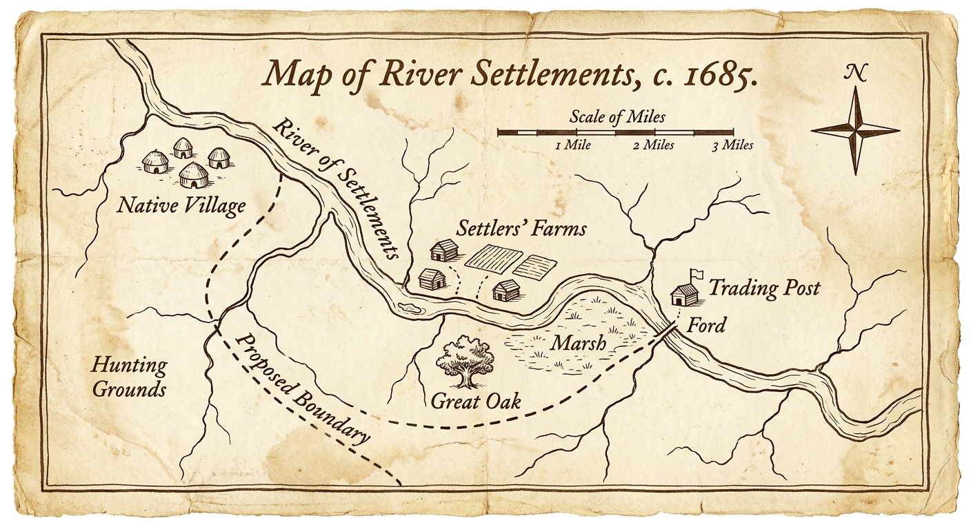 Hand-drawn map labeled Map of River Settlements c. 1685 showing a river, a proposed boundary, a trading post, farms, and a Native village.