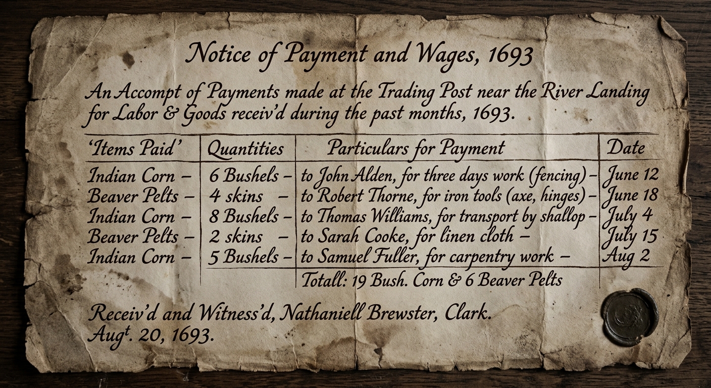 Aged colonial notice dated 1693 listing wages and payments in corn and beaver pelts for labor and goods.