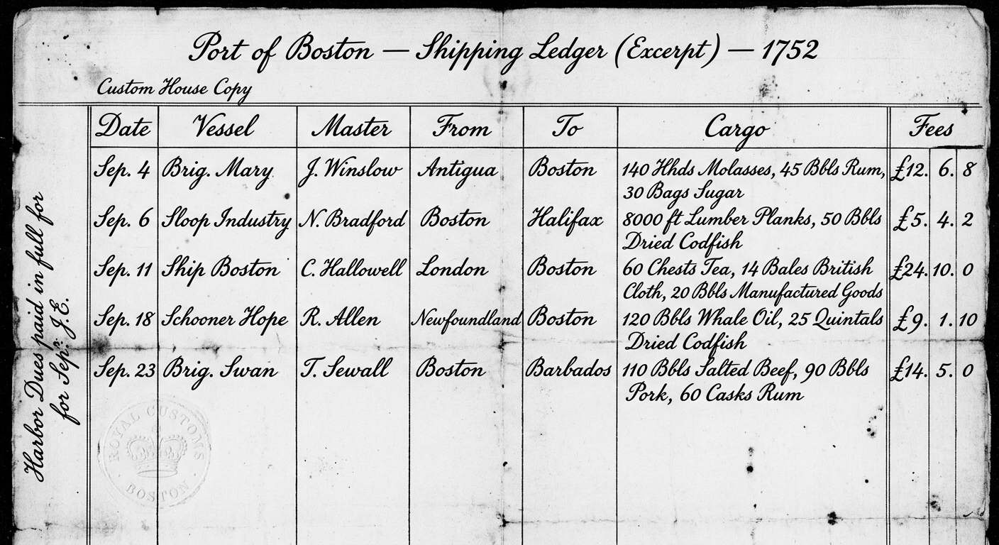 Black-and-white image of a 1752 Port of Boston shipping ledger excerpt listing vessels, destinations, cargo items like dried fish, lumber, rum, molasses, tea, cloth, and fees.