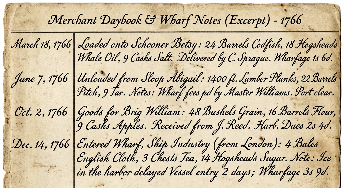 Black-and-white image of a 1766 merchant daybook excerpt with four dated entries (March, June, October, December) listing seasonal cargo shipments and wharf fees.