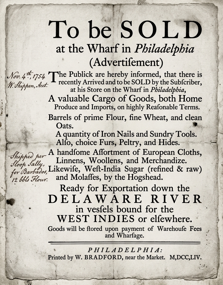 Black-and-white image of a 1754 Philadelphia wharf advertisement listing flour, wheat, iron goods, and imported items like cloth, sugar, and molasses, with references to the Delaware River and shipping routes.