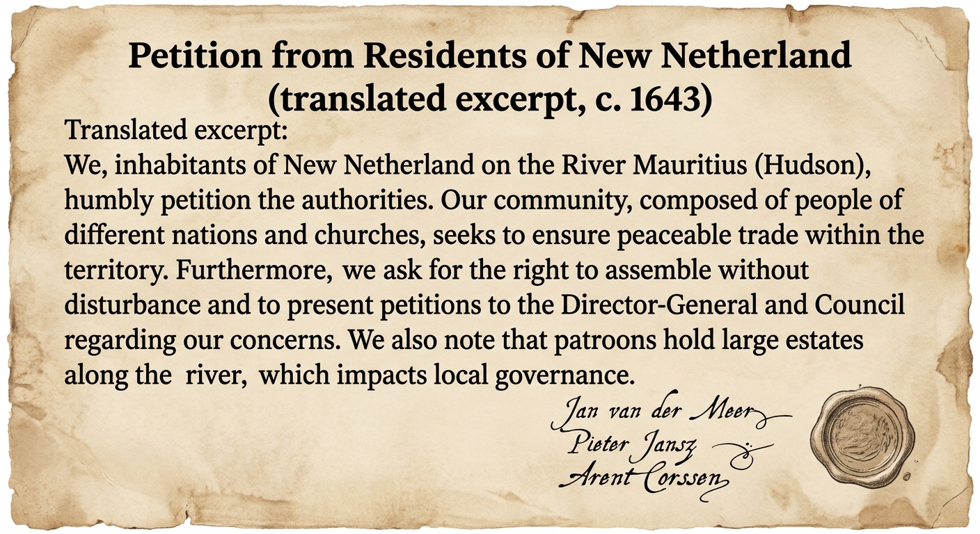 A parchment-style document titled “Petition from Residents of New Netherland (translated excerpt, c. 1643)” with a readable translated passage about Hudson River settlements, religious toleration, petitioning leaders, trade, and patroons holding large estates, plus a wax seal and several generic signatures.