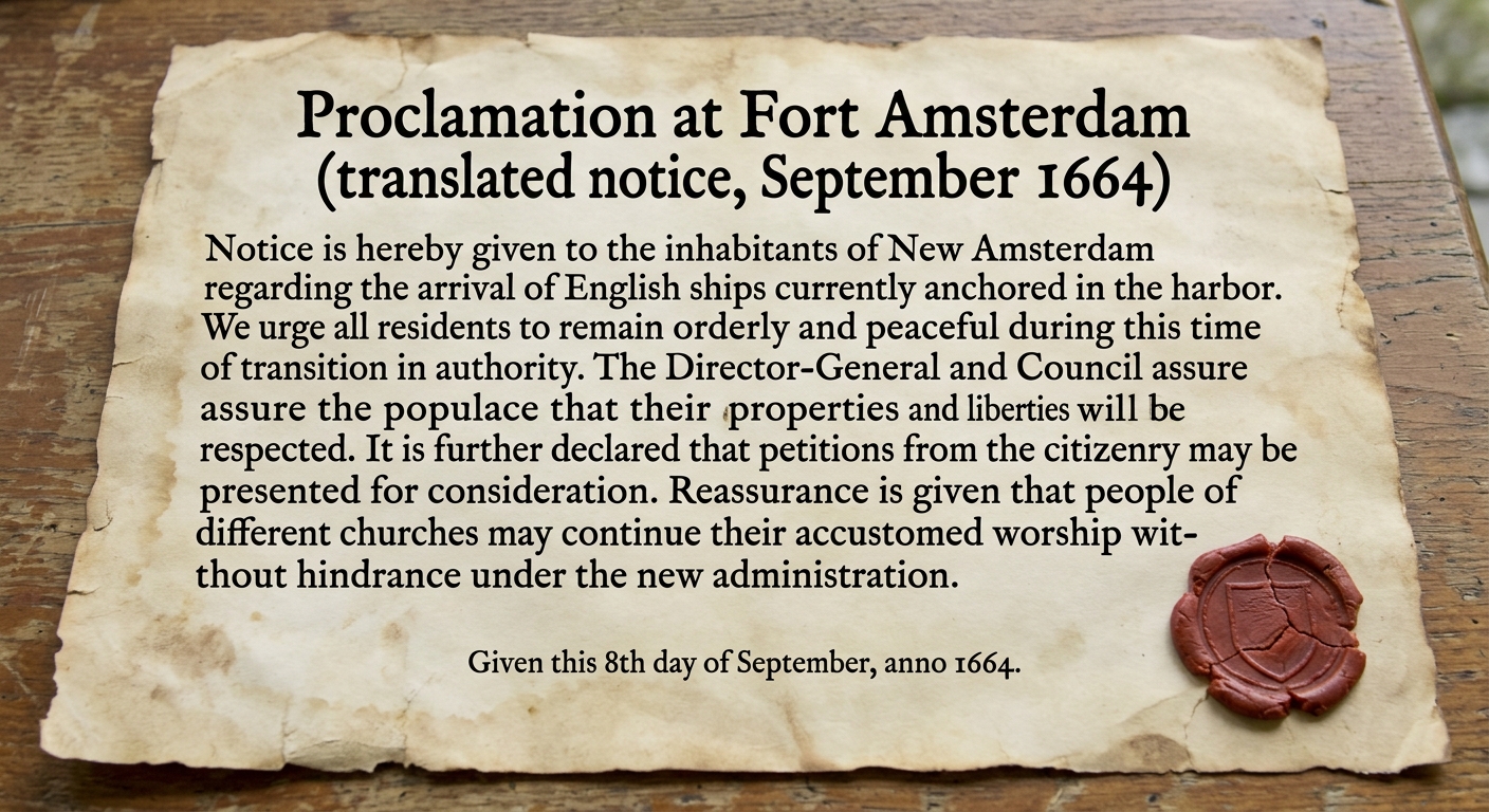 A one-page aged-paper document titled “Proclamation at Fort Amsterdam (translated notice, September 1664)” describing English ships arriving, a change in authority, permission to present petitions, and reassurance that people of different churches may continue worship, with a date and wax seal.