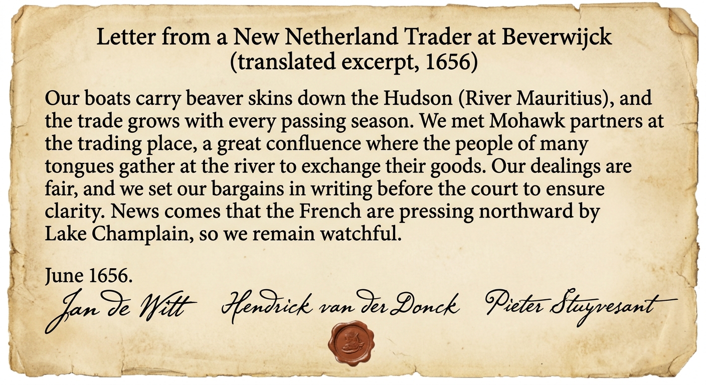 An aged-paper letter titled “Letter from a New Netherland Trader at Beverwijck (translated excerpt, 1656)” describing Hudson River fur trade, meetings with Mohawk partners, diverse languages at the trading place, written bargains before a court, and news of French activity northward by Lake Champlain, with a date and signatures.