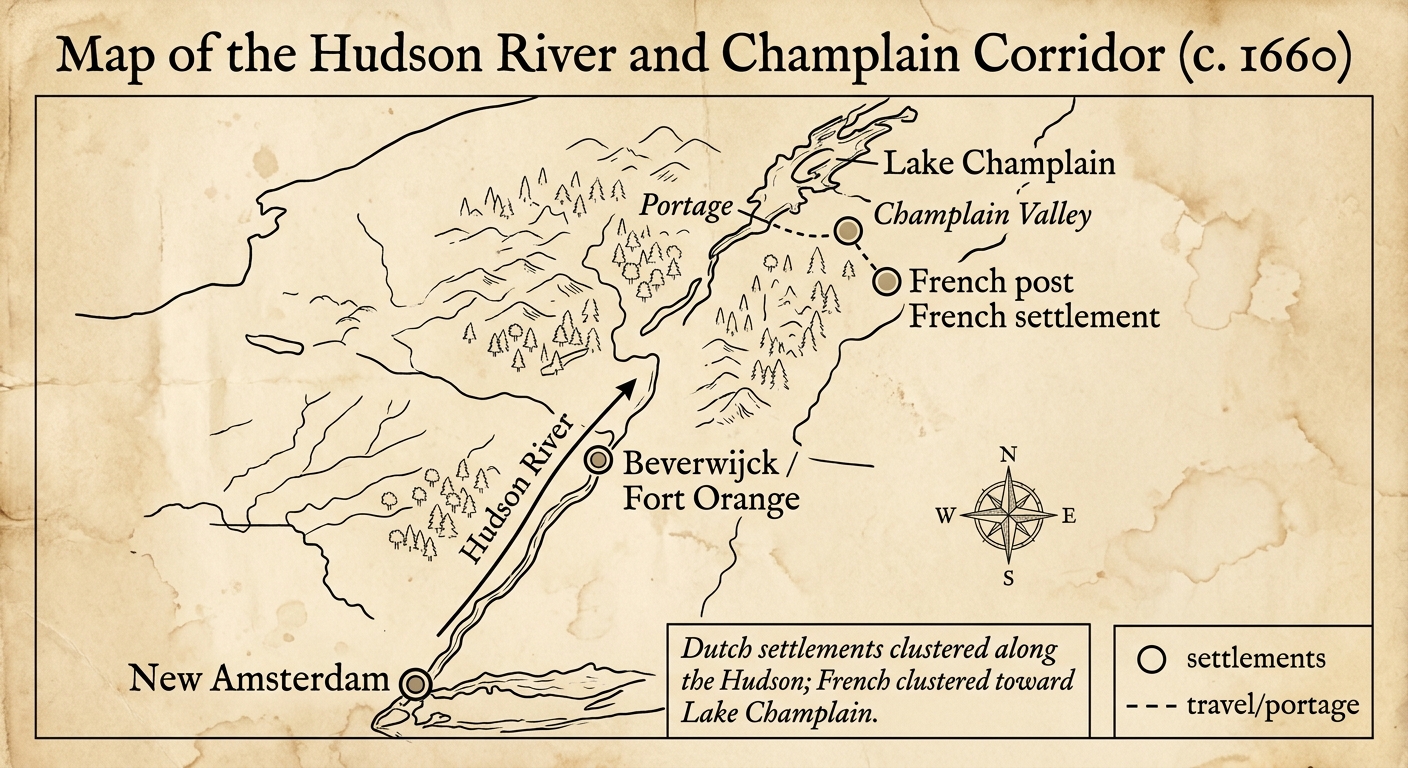 An aged parchment-style map titled “Map of the Hudson River and Champlain Corridor (c. 1660)” showing New Amsterdam and Beverwijck along the Hudson River, a portage route to Lake Champlain, and a labeled French post in the Champlain Valley, with a compass rose and legend.